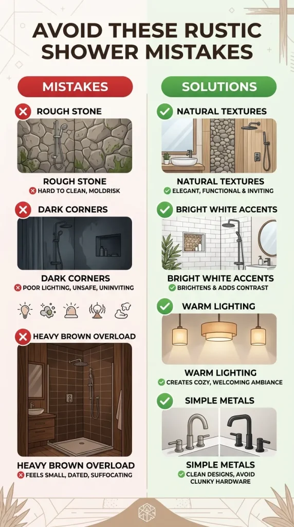 Clean rustic walk in shower with balanced stone, cream tile, glass panel, warm fixtures, slip-conscious floor, built-in niche, and no heavy clutter.