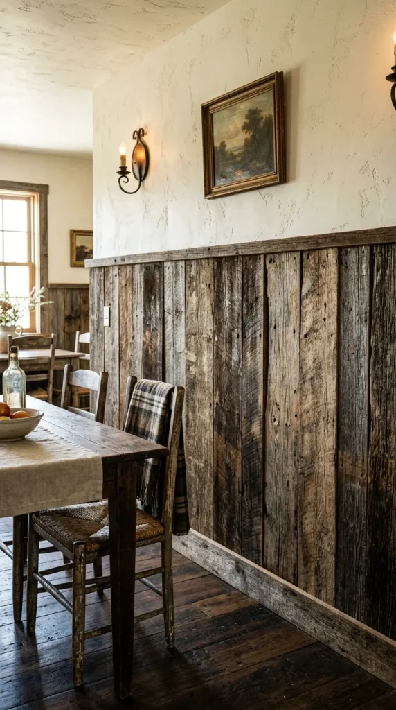 Lower wall treatment made of richly textured, mixed-width reclaimed barn wood boards in a rustic dining area.
