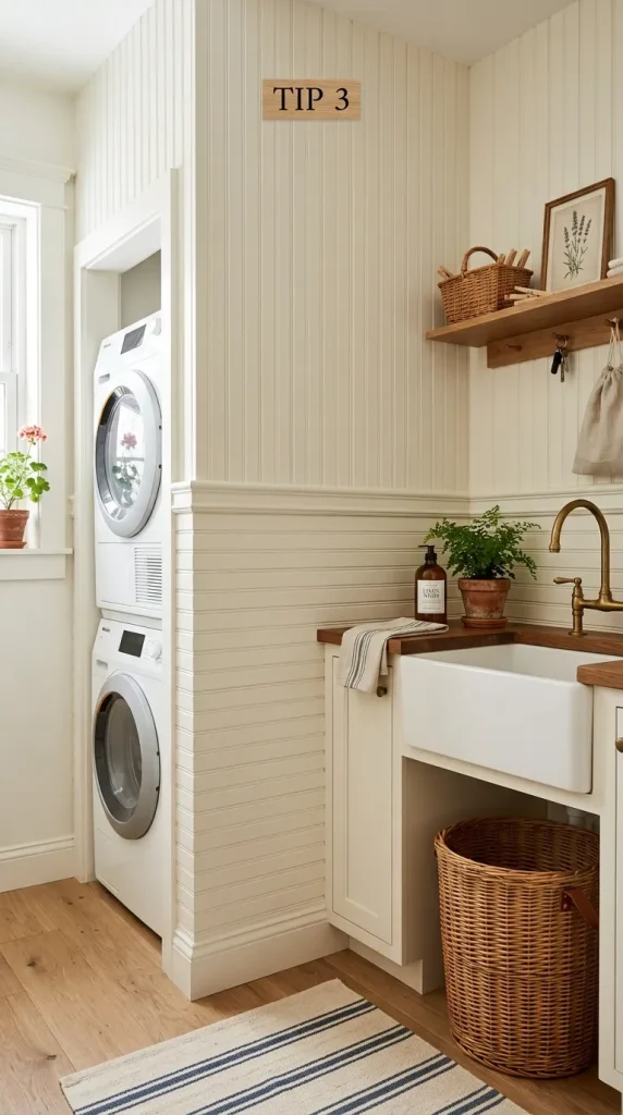 A laundry room with horizontal beadboard on the lower wall meeting vertical beadboard at a mid-height rail, all painted warm white.