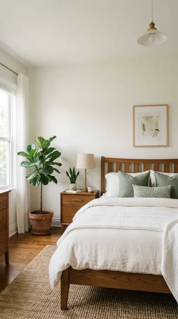 A bedroom with warm white walls, brown wood furniture, and muted green accents in the pillows.