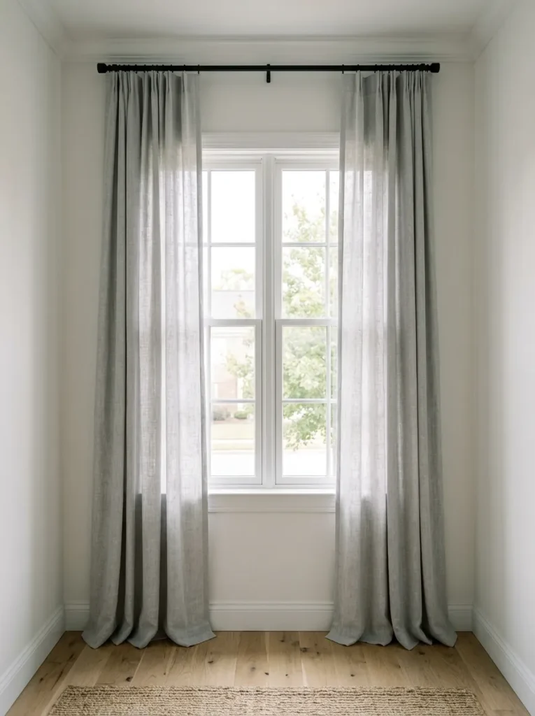 Small black and white living room with high curtain rod, floor-length cream curtains, black curtain rod, sofa, rug, and taller-looking walls.