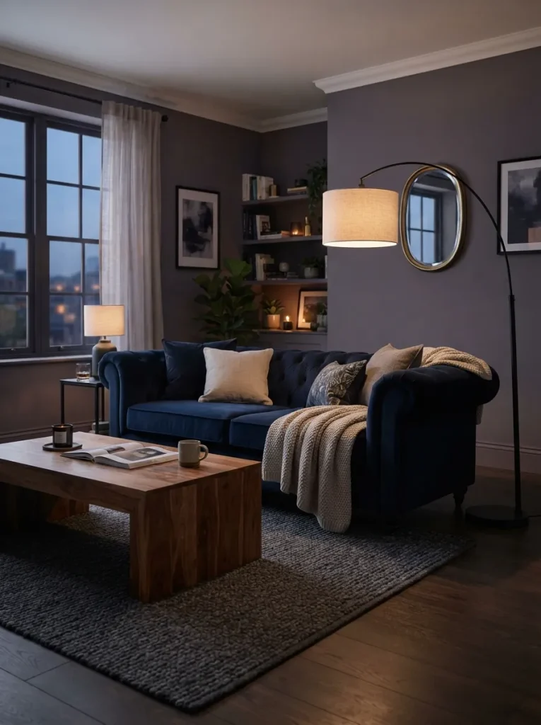 Navy blue bedroom with soft purple walls, warm wood furniture, white bedding, brass lighting, and cozy atmosphere.