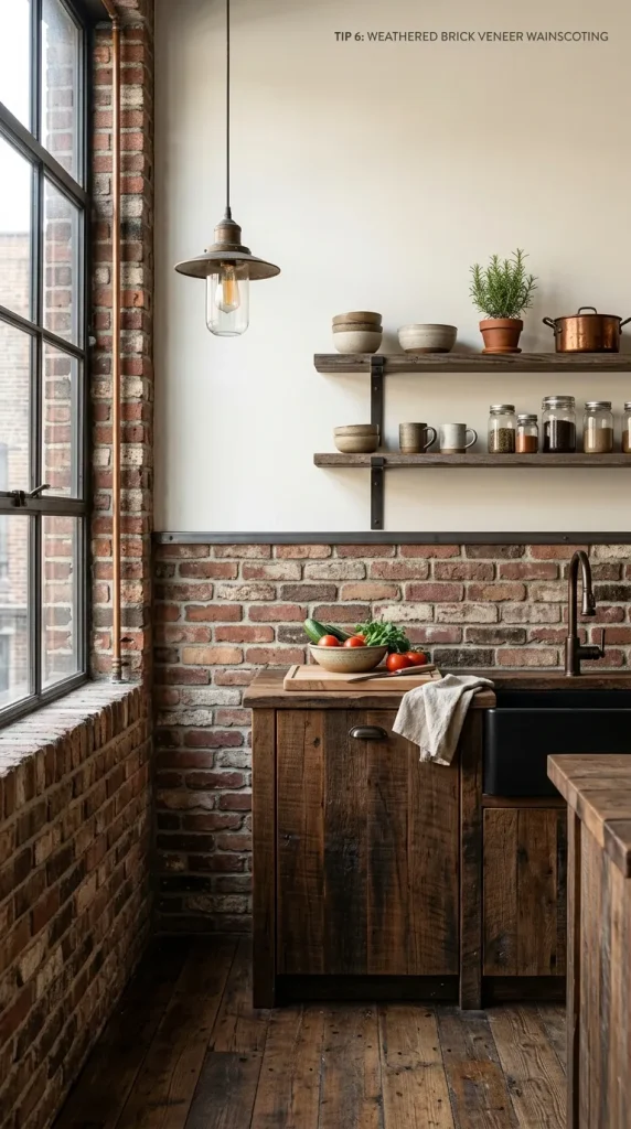 A lower wall of weathered thin brick veneer in an industrial kitchen, balanced by a simple white upper wall.