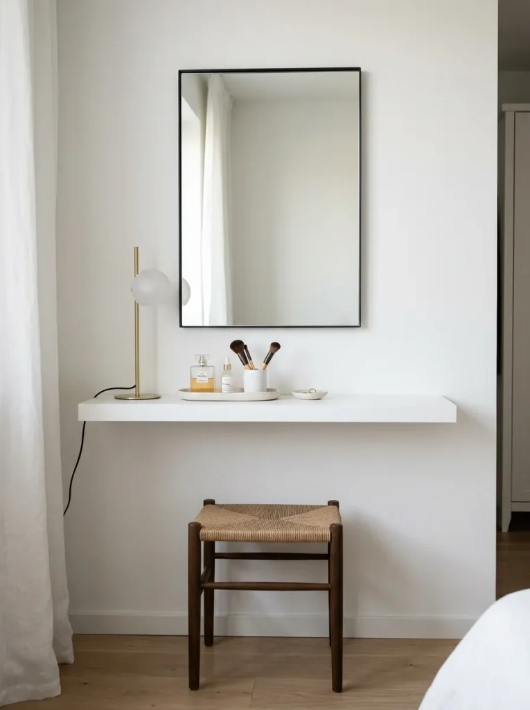 Budget dressing table with simple desk, mirror, stool, lamp, tray, organizers, calm colors, and polished affordable bedroom styling.