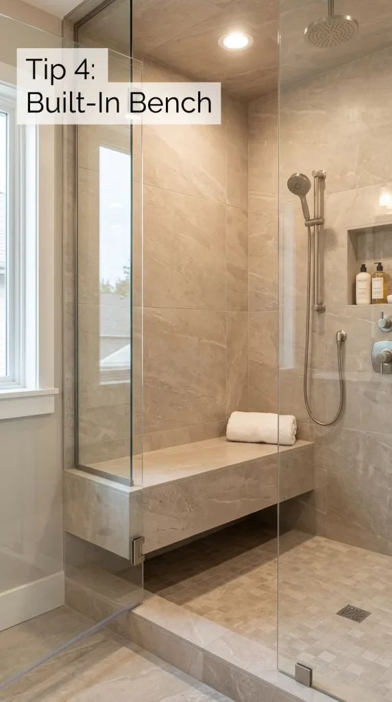 Rustic walk in shower with slim built-in bench, stone-look tile, handheld shower, warm bronze fixtures, glass panel, and slip-conscious floor.