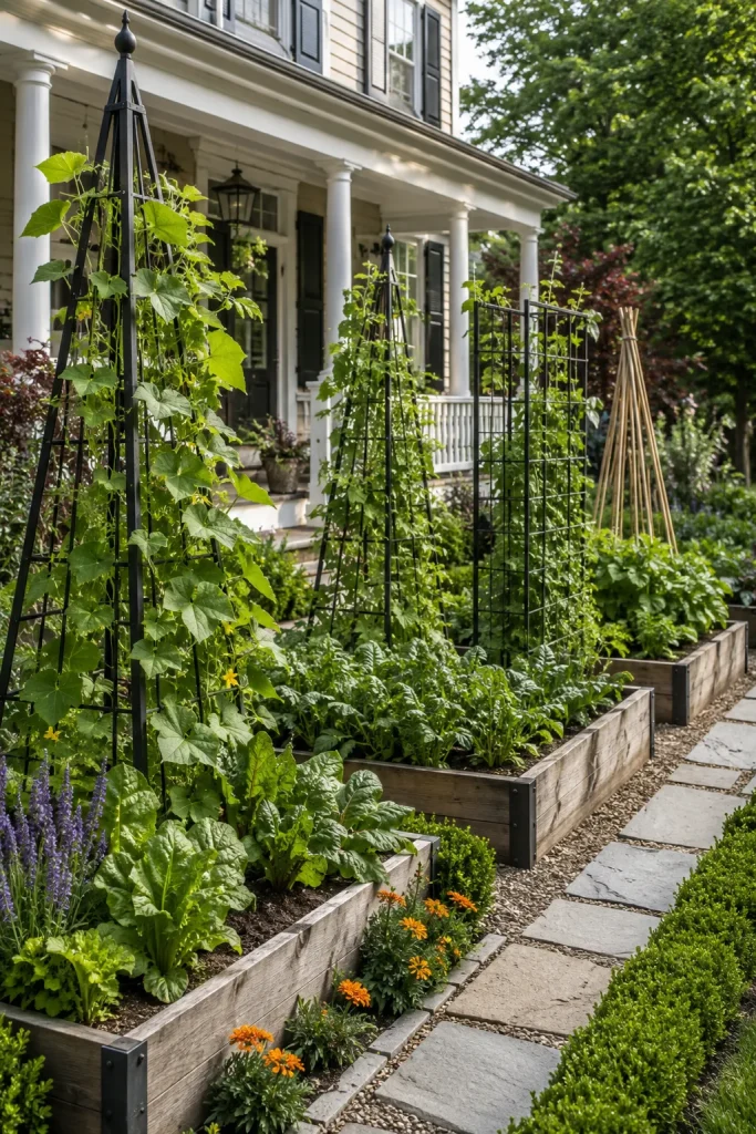 front yard vegetable garden with movable containers, raised beds, trellises, leafy greens, herbs, and compact edible plants near a porch