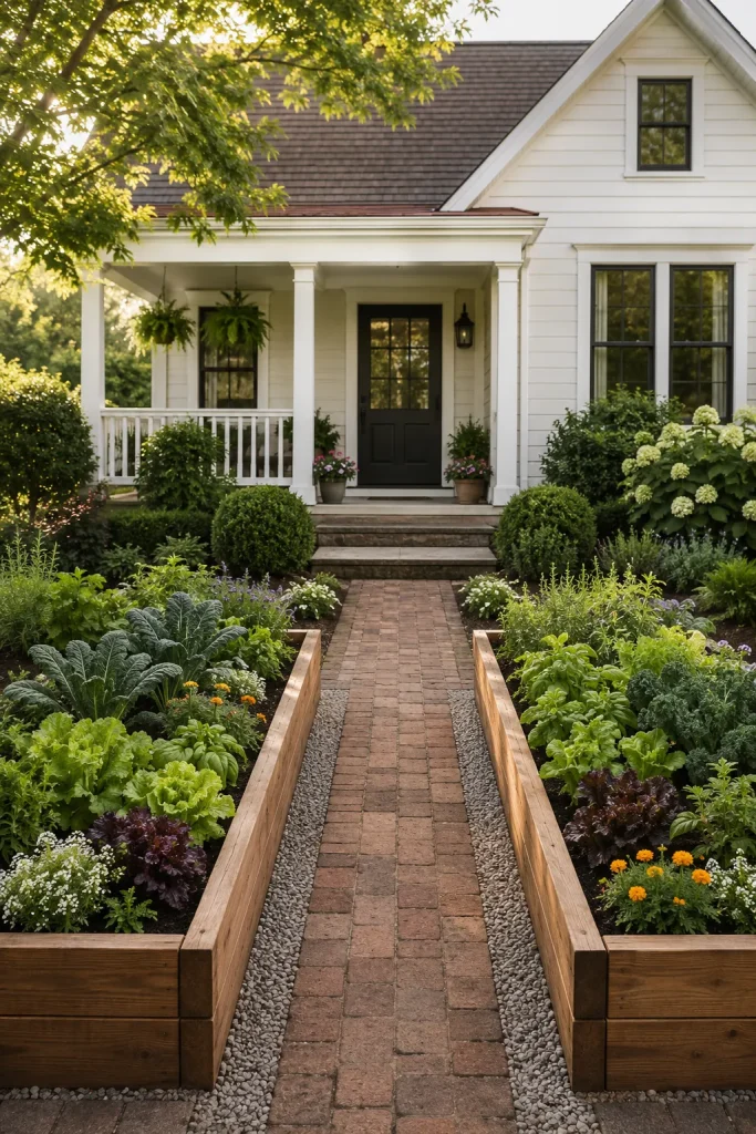 front yard vegetable garden plan with matching raised beds, brick walkway, herbs, leafy greens, flowers, and a clear path to the front door