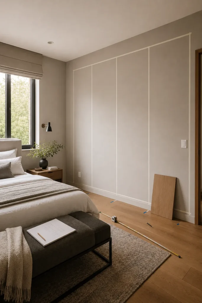 modern bedroom layout planning with taped wardrobe outline, measuring tape, floor plan, bed position, window, sockets, and clear walking space