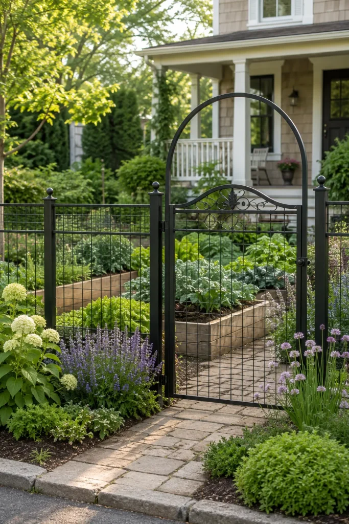 front yard vegetable garden with black metal gate, low deer fencing, raised beds, herbs, flowers, leafy greens, and attractive curb appeal