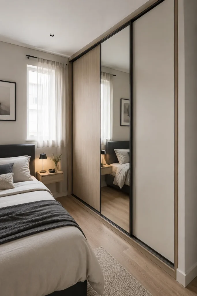  small bedroom with sliding door wardrobe, light wood panel, mirror door, bed close to wardrobe, clear walkway, and soft natural light