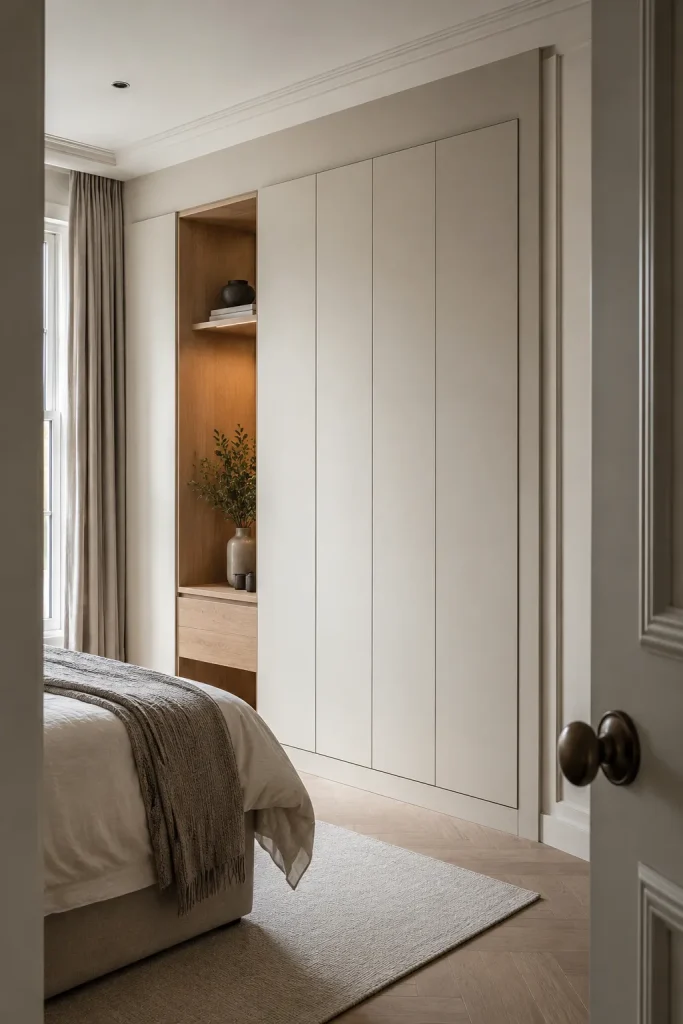 built-in wardrobe inside a bedroom alcove with flush doors, slim shadow lines, warm wood niche, hidden drawers, and seamless wall design