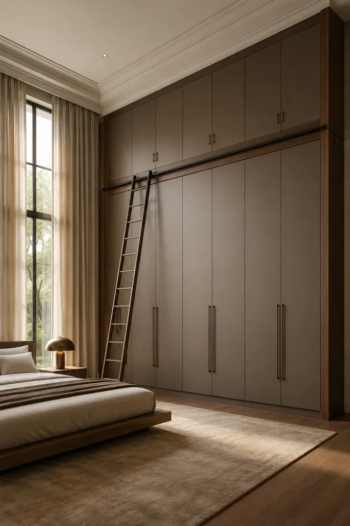 tall floor-to-ceiling wardrobe with upper storage cabinets, ladder rail, high ceiling, seasonal storage doors, wood bed, and warm bedroom light