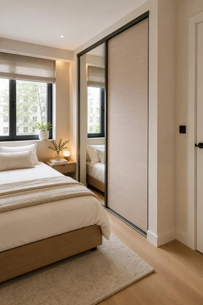 small bright bedroom with slim wardrobe, light matte doors, narrow mirror strip, pale wood floor, soft bedding, and open walking space