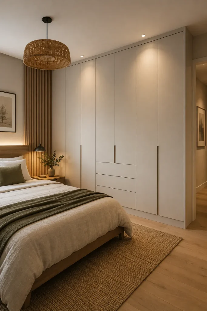 flat-front modern wardrobe with simple matte doors, textured bedding, linen curtains, warm rug, wall light, and calm minimalist bedroom styling