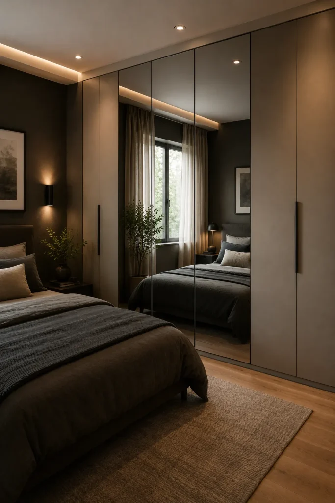 wardrobe with one full-height mirror panel, matte side doors, dark bedroom walls, reflected curtains, daylight, calm bedding, and clean dressing area
