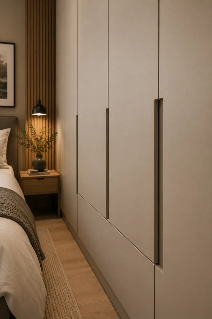 close-up of handleless wardrobe doors with recessed groove, push-to-open design, soft-close alignment, matte finish, and clear bedroom walkway