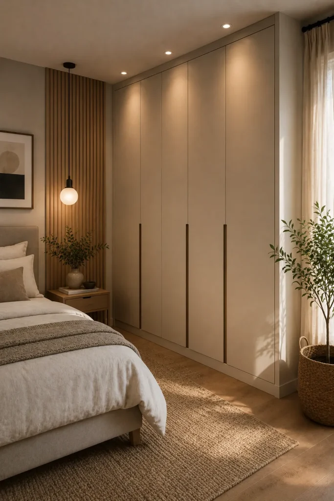 hidden wardrobe matching bedroom wall paint, flush doors, subtle shadow gaps, bed as focal point, wall art, pendant light, and calm minimalist styling