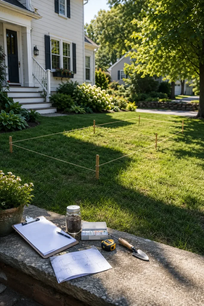 front yard garden planning with bed outline, soil test, measuring tools, sunlight check, and yard layout before building raised beds