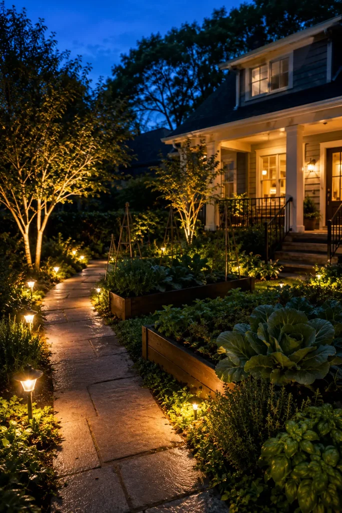 front yard vegetable garden with matching raised bed kits, clean paths, leafy greens, herbs, trellises, flowers, and polished curb appeal