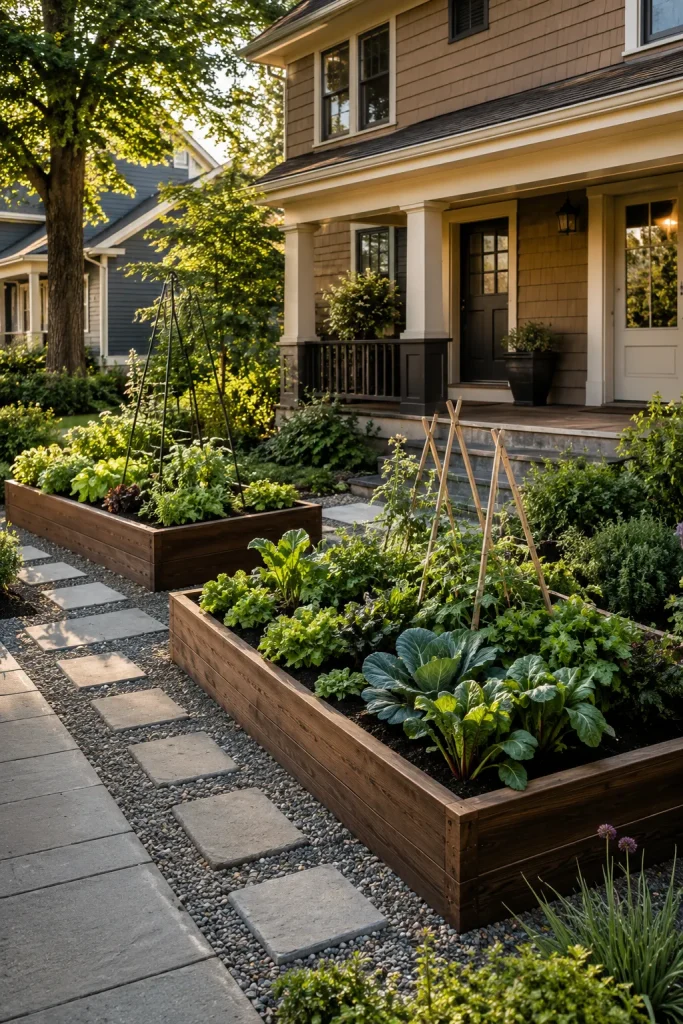 raised bed northeast front yard vegetable garden with wood beds, stepping stone path, trellises, leafy greens, herbs, and clean landscaping