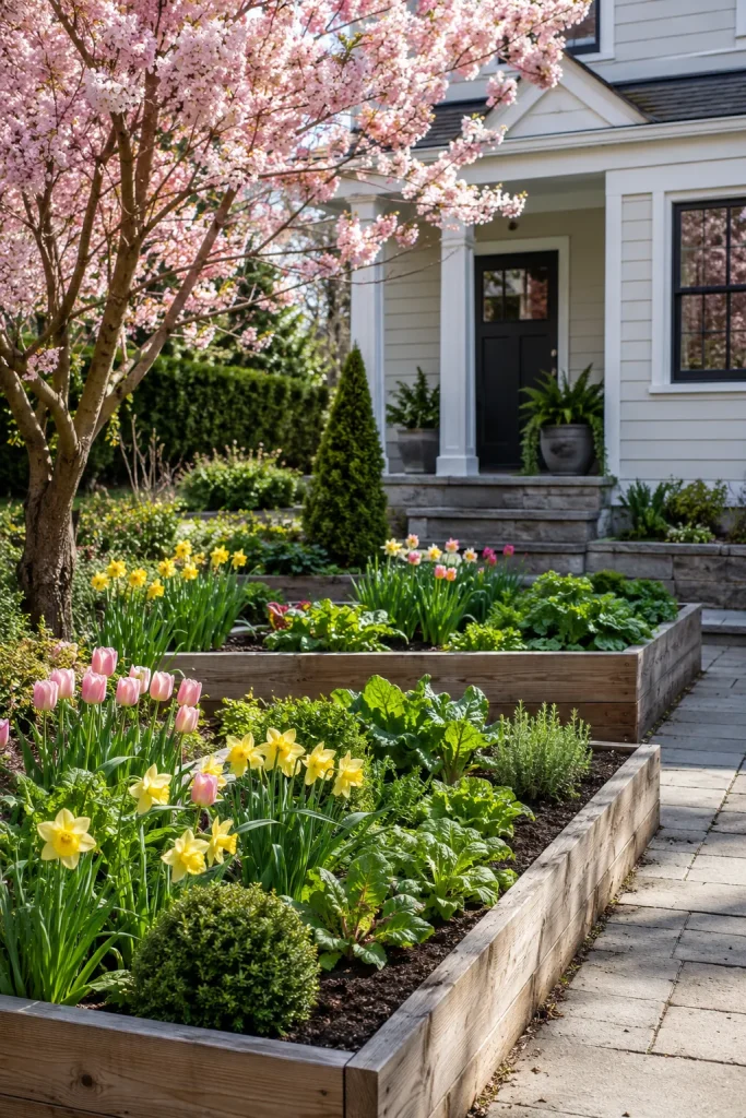 front yard edible garden with vegetables, herbs, flowers, trellises, one focal gate, raised beds, and balanced small-space garden design