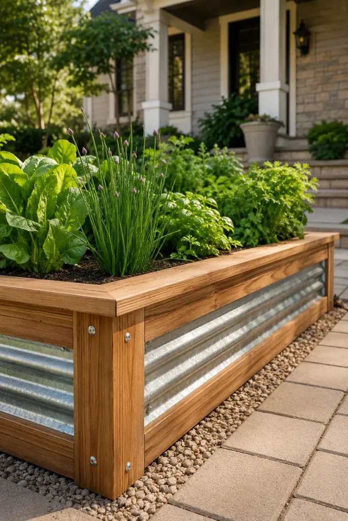 durable front yard raised garden bed with wood frame, galvanized metal sides, clean corners, edible greens, herbs, and stone walkway
