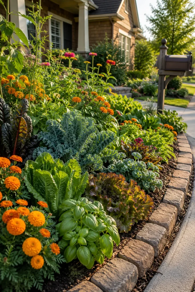low-maintenance front yard vegetable garden with raised beds, mulch, clean borders, compact vegetables, herbs, flowers, and easy walking paths