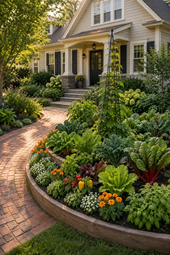 front yard edible garden design with curved raised bed, leafy vegetables, herbs, flowers, trellis, brick path, and curb appeal landscaping