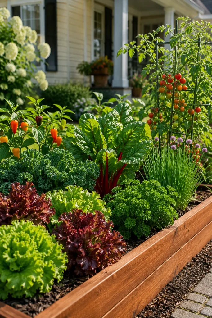 best vegetables for a high visibility Northeast front yard with lettuce, kale, Swiss chard, peppers, cherry tomatoes, chives, herbs, and raised bed planting