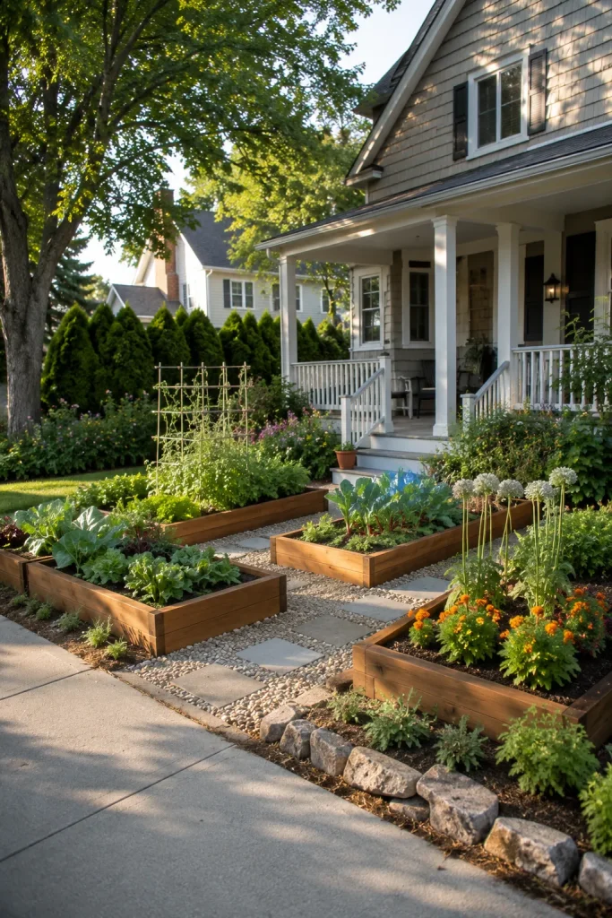 fall front yard vegetable garden with kale, lettuce, parsley, chives, pansies, violas, ornamental cabbage, raised beds, and seasonal curb appeal