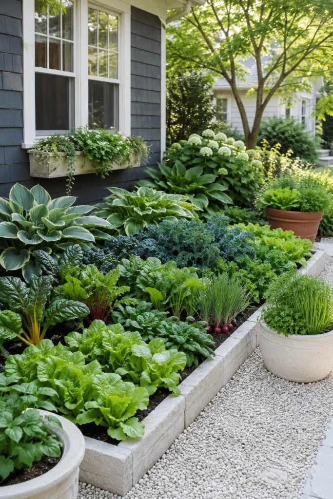 north-facing Northeast front yard vegetable garden with leafy greens, kale, chard, herbs, pale gravel, light planters, and shade-friendly landscaping