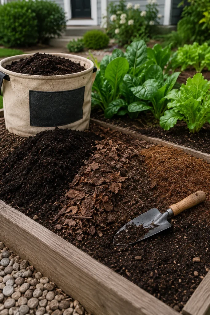 soil mix and amendments for front yard vegetable garden bed with compost, leaf mold, organic matter, mulch, trowel, and healthy greens
