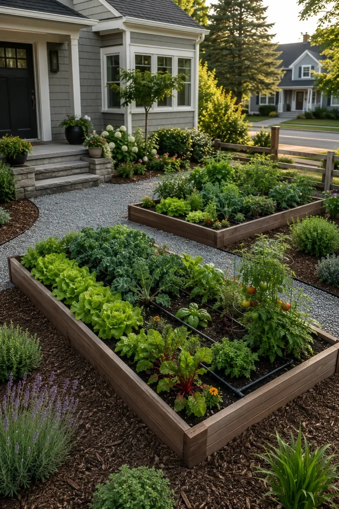 low-maintenance Northeast front yard vegetable garden with small raised beds, drip irrigation, mulch, lettuce, kale, herbs, tomatoes, and clean paths