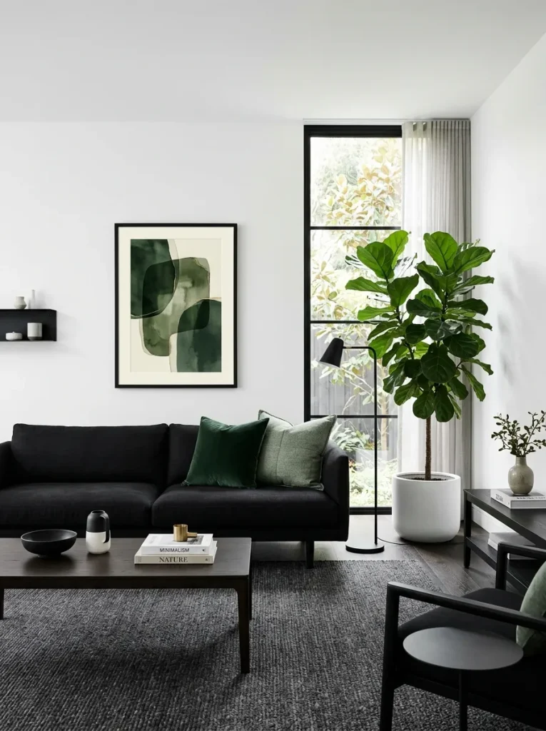Small black and white living room with one green accent through plant, pillow, artwork, cream sofa, black table, and simple balanced decor.