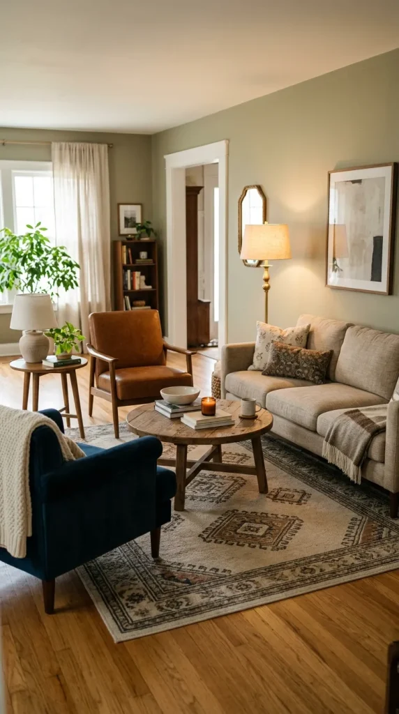 A sofa and chairs grouped closely around a central coffee table, away from the walls.