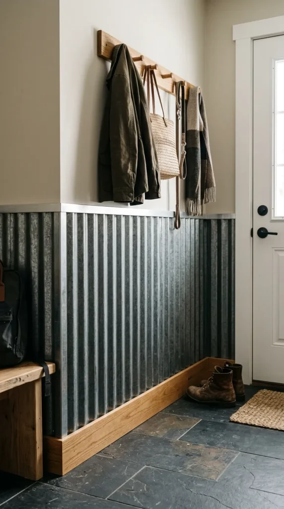 Modern mudroom featuring industrial corrugated metal panels as a lower wall treatment with clean edge caps.