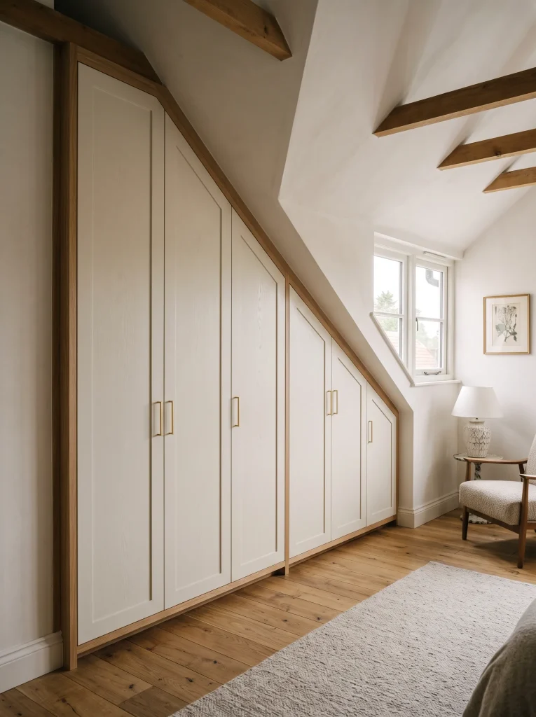 custom wardrobe for awkward bedroom with sloped ceiling, alcove storage, fitted doors, built-in desk, shelves, and practical modern storage design
