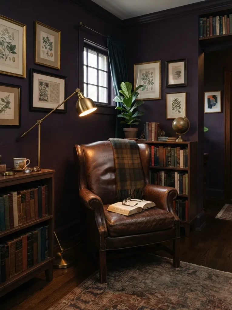 Plum accent wall behind bed with white bedding, walnut furniture, brass sconces, black frames, and luxury bedroom styling.