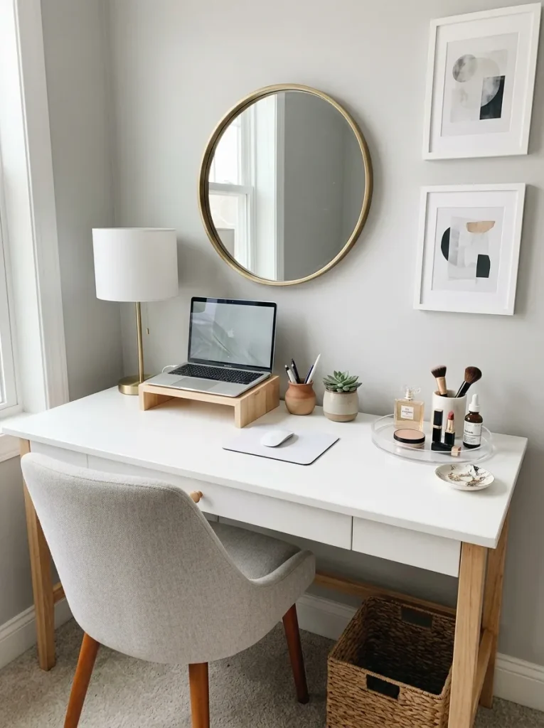 Desk used as dressing table with wall mirror, laptop space, makeup tray, drawer organizers, lamp, stool, and clean dual-use surface.