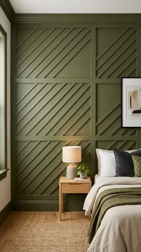 Matte olive green wainscoting featuring a clean, consistent diagonal batten pattern inside large wall panels.