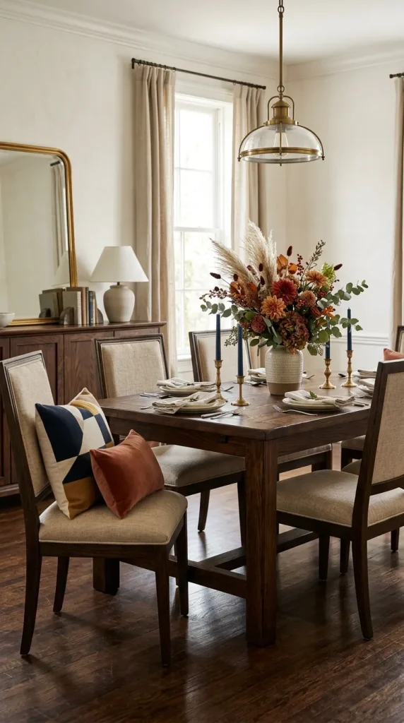 A high-quality wood dining set accessorized with trendy modern pillows and fresh flowers.