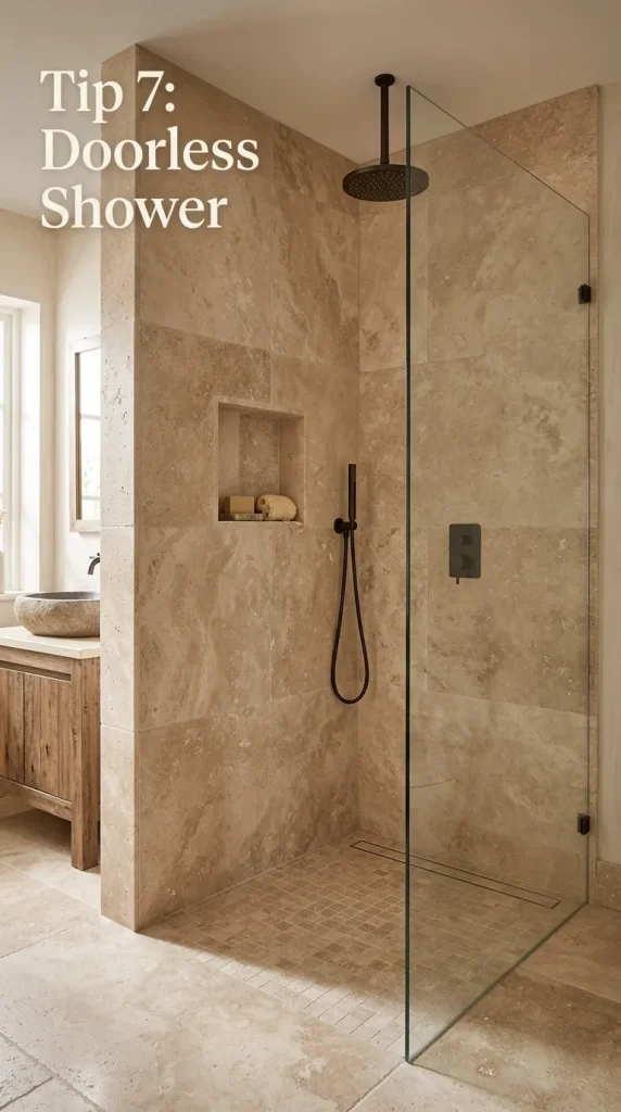 Doorless rustic walk in shower with half wall, glass panel, stone tile, controlled opening, sloped shower floor, and warm bathroom finishes.