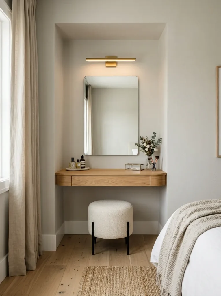 Corner dressing table in bedroom alcove with small vanity, mirror, wall light, stool, drawer, and practical use of awkward space.