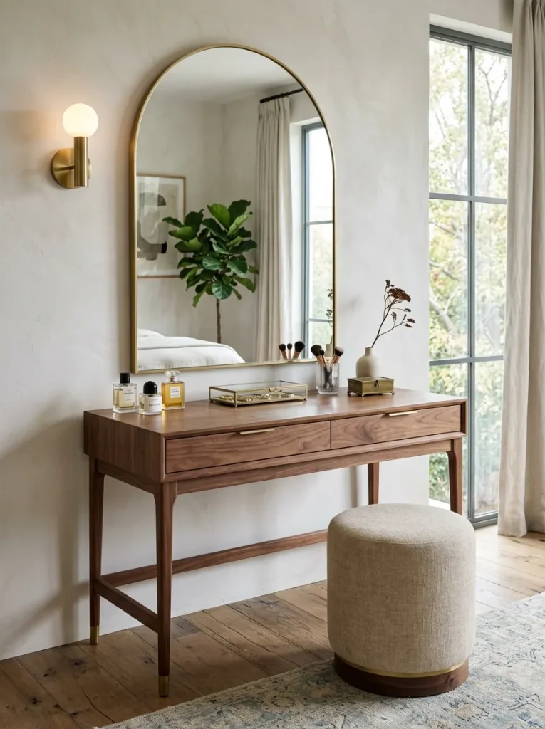 Balanced dressing table style with modern drawers, curved mirror, brass accent, velvet stool, vintage handle detail, and soft bedroom lighting.