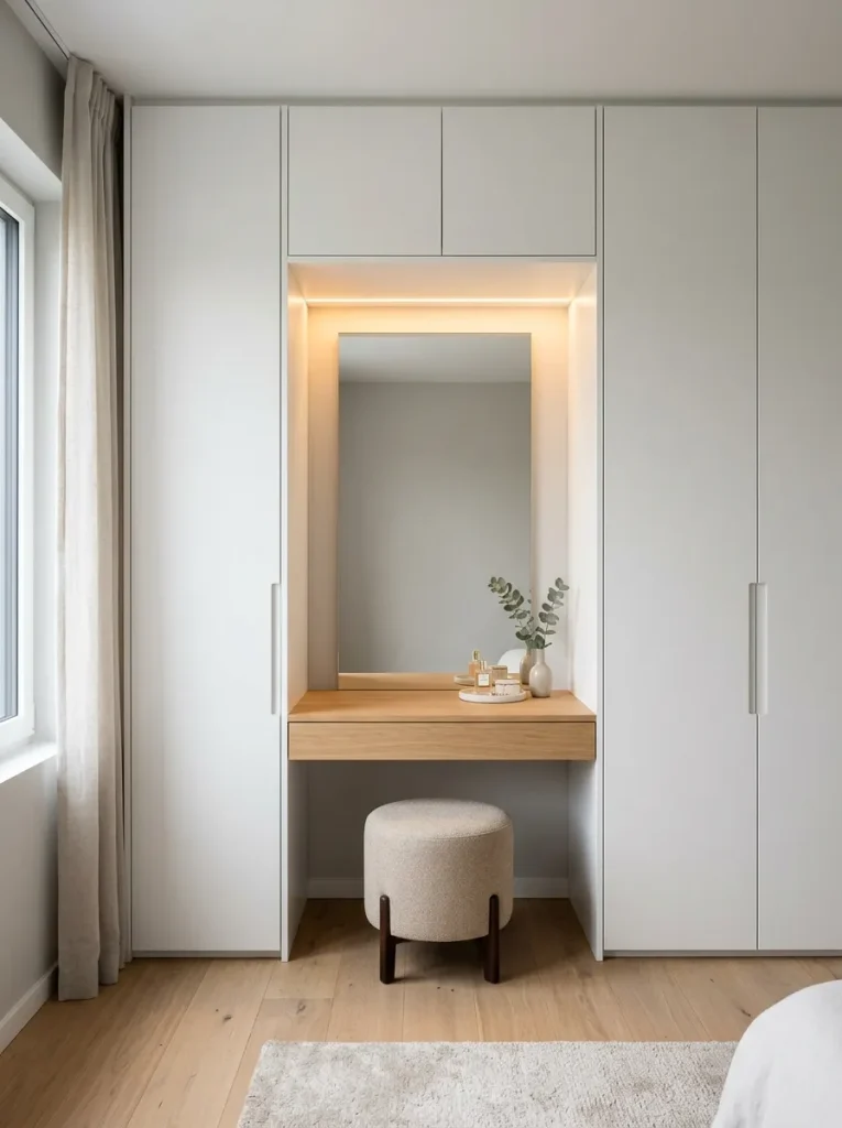 Wardrobe with dressing table nook, built-in vanity, mirror, drawer, stool, warm lighting, and modern bedroom storage wall.