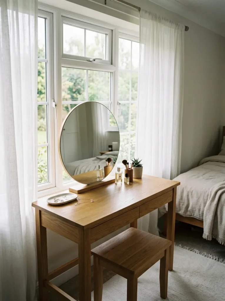 Dressing table near window with sheer curtains, angled mirror, soft daylight, stool, drawer storage, and glare-controlled bedroom setup.
