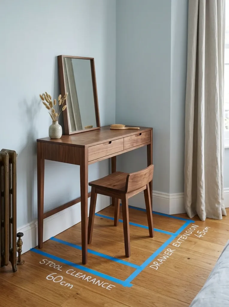 Dressing table space planning with slim vanity, stool, drawer clearance, wardrobe door space, bedroom walkway, and taped floor layout.