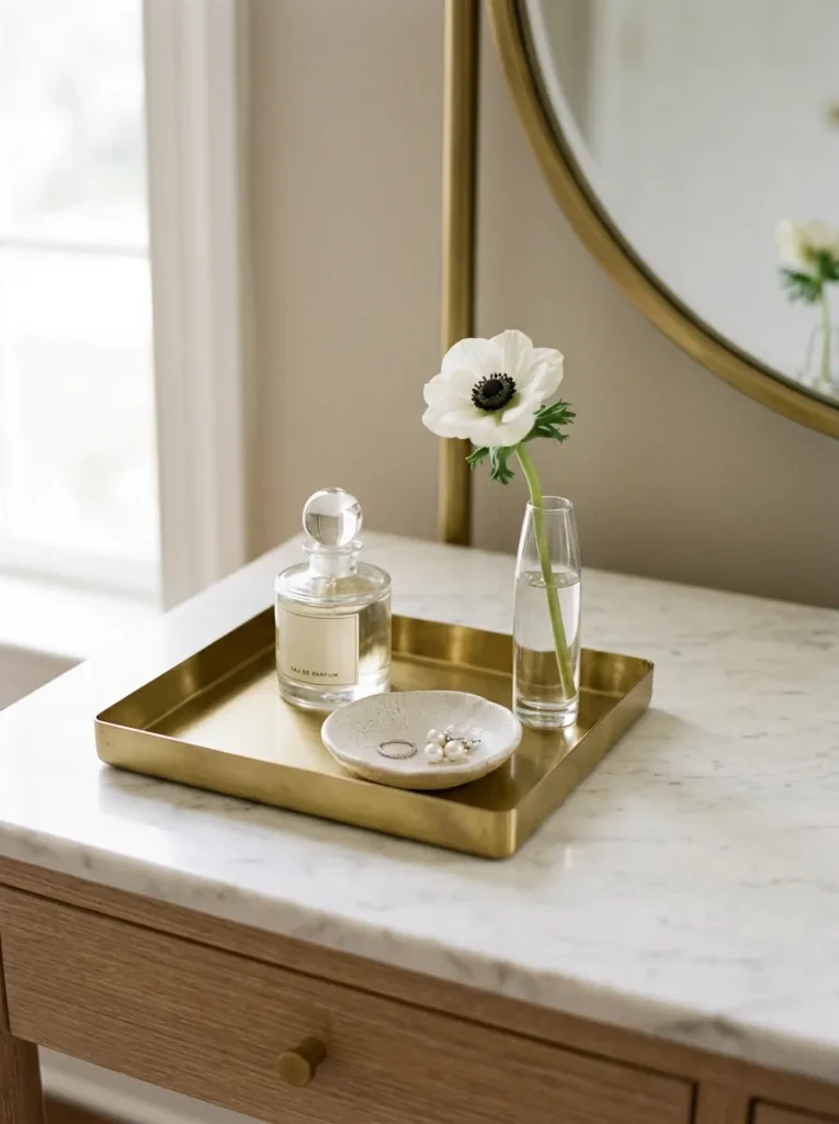 Dressing table top styled with tray, perfume, small vase, candle, ring dish, mirror, and empty working space.