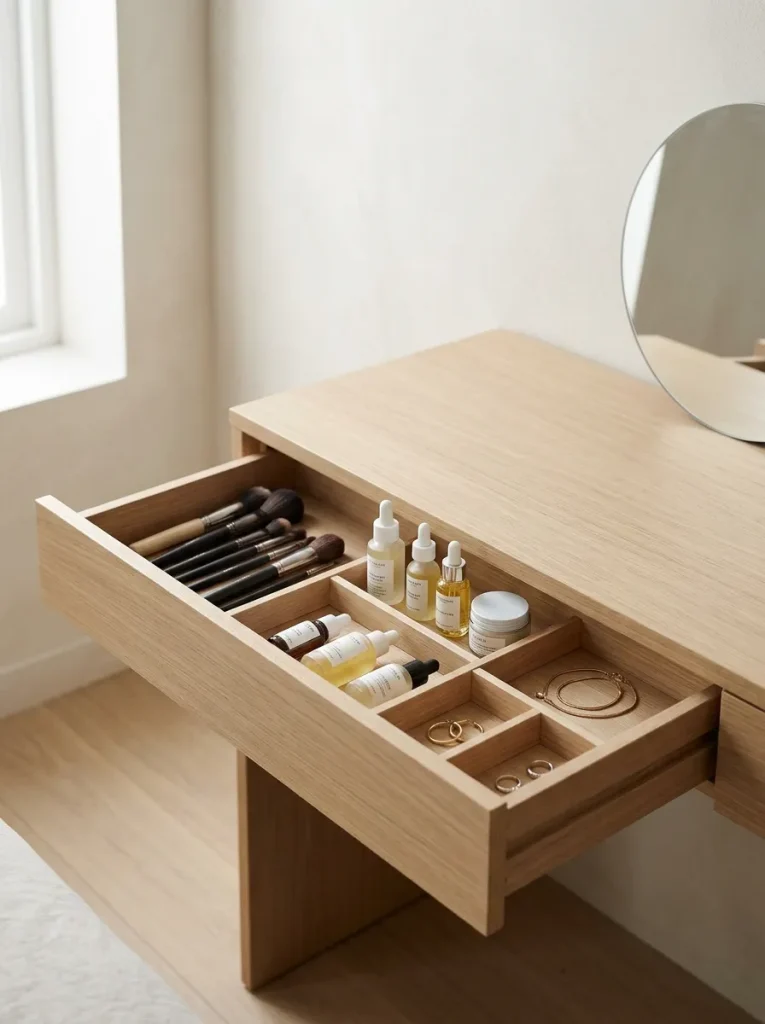 Dressing table with storage drawers, tray, basket, makeup, perfume, skincare bottles, jewelry dish, and organized vanity surface