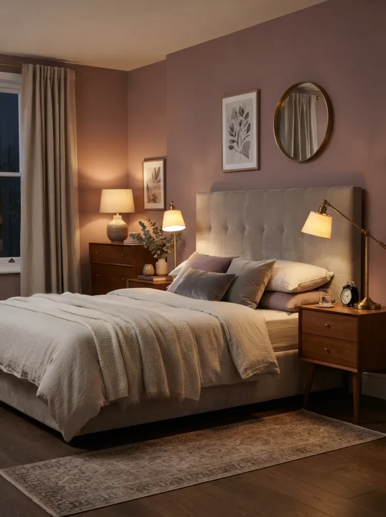 Dusty mauve bedroom with brass lamps, cream bedding, wood furniture, beige rug, and elegant modern styling.